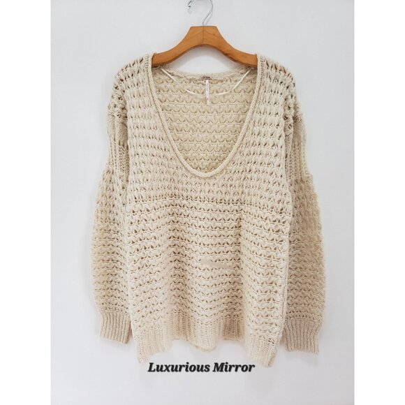 Free People Knit Off The Shoulder Pullover Sweater Crashing Waves Women's Sz S - Picture 2 of 7